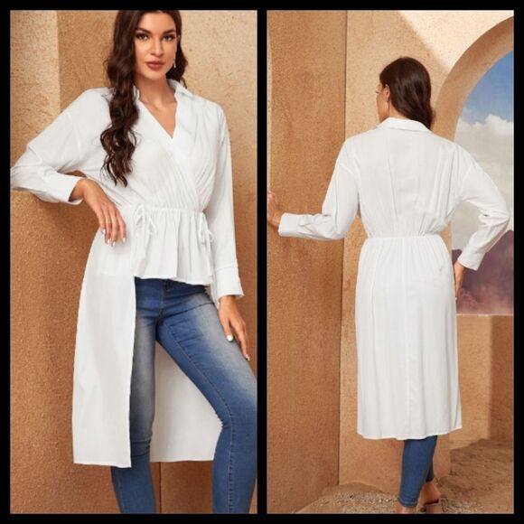 White High Low Long Sleeve Blouse Large NWOT - Picture 1 of 8